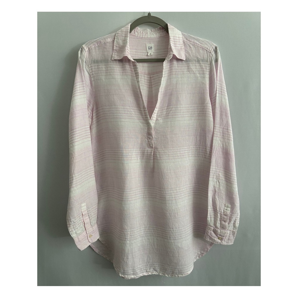 GAP Boyfriend Linen Tunic XS Pink White‎ Striped Coastal Preppy Soft Girl Pastel